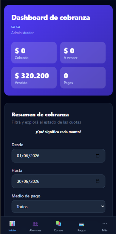 Interfaz móvil de ClassClick con el panel de cobranza
